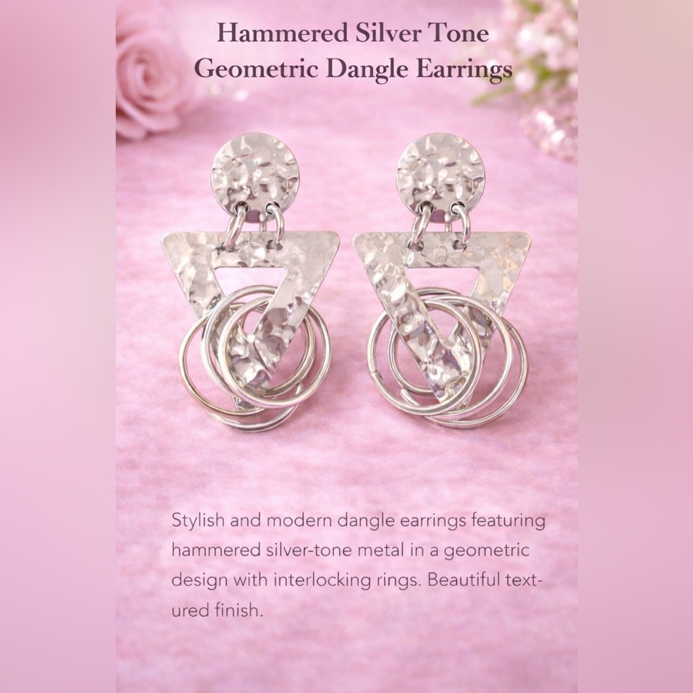 Hammered Silver Tone Geometric Dangle Earrings 2.… - image 3